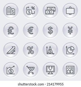 Finance icons with glossy buttons on gray background.