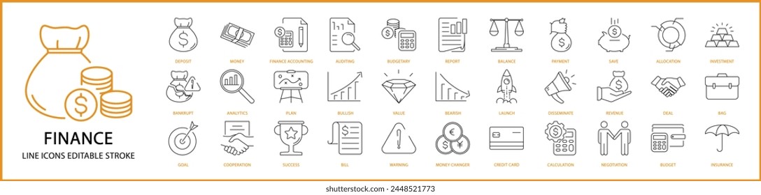 Finance Icons. Finance Icon Set. Finance Line Icons. Vector Illustration. Editable Stroke.