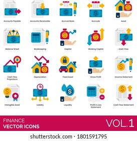 Finance Icons Including Account Payable, Balance Sheet, Bookkeeping, Working Capital, Cash Flow Projection, Depreciation, Fixed Asset, Gross Profit, Income Statement, Intangible, Liability, Liquidity.