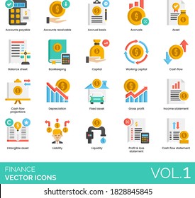 Finance icons including account receivable, accrual basis, balance sheet, bookkeeping, working capital, cash flow projection, depreciation, fixed asset, gross profit, income statement, liquidity, loss