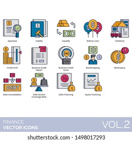 Finance icons including appraisal, liability, liquidity, balloon loan, collateral, credit limit, business report, score, bootstrapping, bankruptcy, debt consolidation, service coverage ratio, equity.