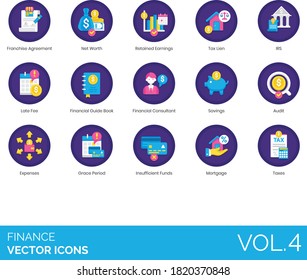 Finance icons including franchise agreement, net worth, retained earnings, tax lien, late fee, financial guide book, consultant, savings, audit, expenses, grace period, insufficient funds, mortgage.