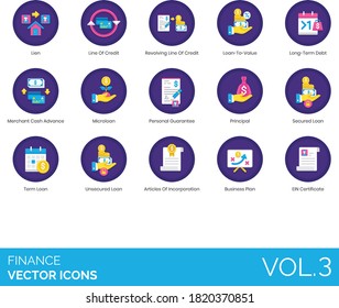 Finance icons including lien, revolving line of credit, loan to value, merchant cash advance, microloan, personal guarantee, principal, secured, unsecured, article of incorporation, business plan, EIN