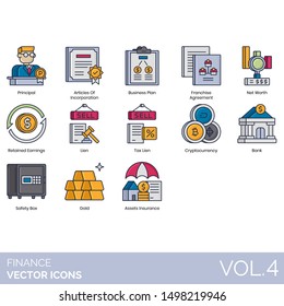 Finance icons including principal, articles of incorporation, business plan, franchise agreement, net worth, retained earnings, tax lien, bank, safety box, gold, asset insurance, cryptocurrency.
