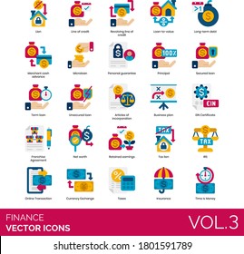 Finance icons including revolving line of credit, loan to value, long term debt, microloan, personal guarantee, principal, secured, unsecured, article of incorporation, business plan, EIN certificate.