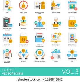 Finance icons including revolving line of credit, loan to value, long term debt, merchant cash advance, microloan, personal guarantee, article of incorporation, EIN certificate, net worth, tax lien.