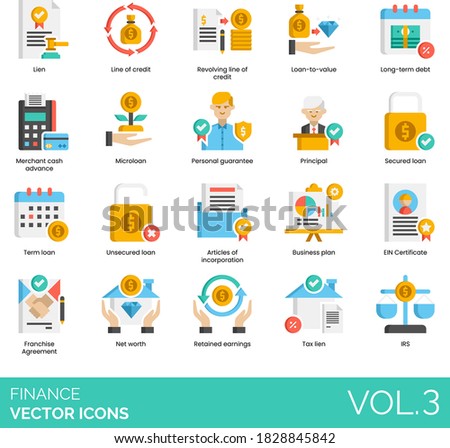 Finance icons including revolving line of credit, loan to value, long term debt, merchant cash advance, microloan, personal guarantee, article of incorporation, EIN certificate, net worth, tax lien.