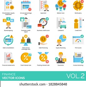 Finance Icons Including Shareholder Equity Statement, Annual Percentage, Balloon Loan, Bankruptcy, Bootstrapping, Business Credit Report, Collateral, Service Coverage Ratio, FICO Score, Interest Rate.