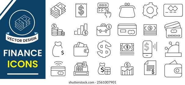 Finance icons, Investment line icon set. Money, cash, bank, check, profit, payment, financial, economy, wallet line icon set. Vector illustration.