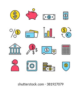Finance icons isolated on background. Bank icons set. Money box, dollar, money exchange, mobile banking, credit card. Outline bank icons for web business. Flat line style vector illustration. 