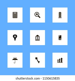 finance icons. key, office building, growing graph and search house vector icons set