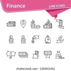 Finance icons. Line icons collection on white background. Payment, saving, coin stack. Money concept. Vector illustration can be used for topic like business, banking, economy