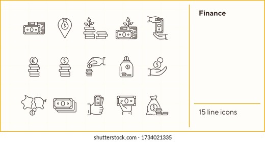 Finance icons. Line icons collection on white background. Payment, saving, coin stack. Money concept. Vector illustration can be used for topic like business, banking, economy