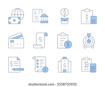 Finance icons. Line Duotone style, editable stroke. price list, money, credit card, banking, corporation, finance, document, goal, check, account, budget.