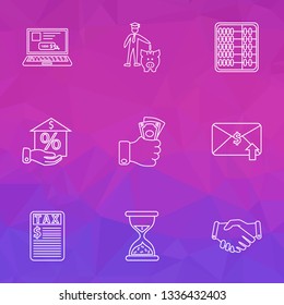 Finance icons line style set with handshake, taxes, email transfer hourglass elements. Isolated vector illustration finance icons.