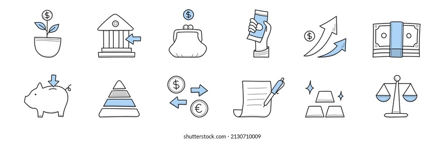 Finance icons of money exchange, bank, payment, credit and investment. Vector doodle signs of currency, piggy bank, wallet with coins, graph, ingot, plant and scales