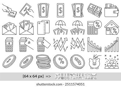 Finance icons. Money icons set. 28 business icons 64x64 px. Money and financial symbols. Bitcoin and dollar coin icons. Payment and banking illustration collection. editable stroke.