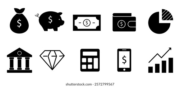 Finance icons. money signs, Business Icons. Money silhouette collection.