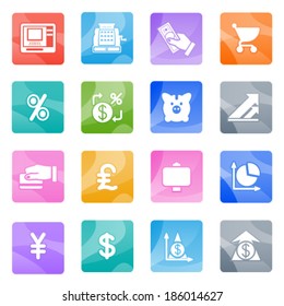 Finance icons on color buttons.