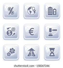 Finance icons on gray buttons.