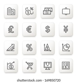 Finance icons on white buttons.