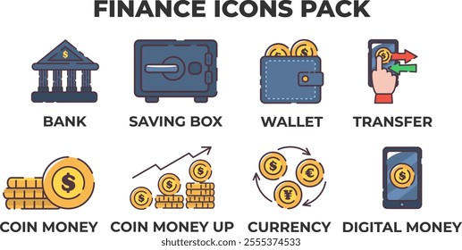 Finance icons pack. Flat line color icon of a set of eight finance icons, including bank, saving box, wallet, transfer, coin money, currency, and digital money. Ideal for finance apps and websites.