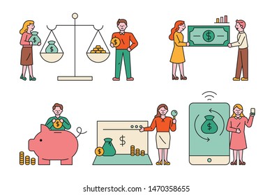 Finance icons and people characters around. flat design style minimal vector illustration.