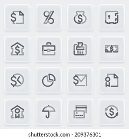 Finance icons with plastics buttons on gray background.