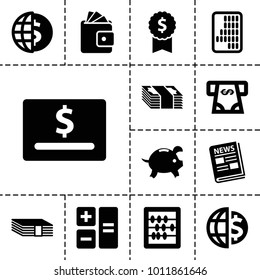 Finance icons. set of 13 editable filled finance icons such as atm money withdraw, abacus, money, calculator, dollar card, globe dollar, dollar award, news, wallet