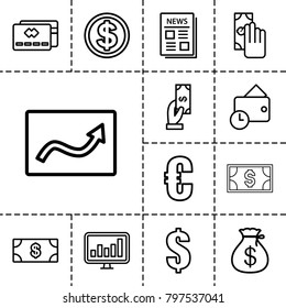 Finance icons. set of 13 editable outline finance icons such as money, money sack, payment, dollar, euro, cash payment, credit card, chart, news, wallet, dollar coin