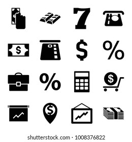 Finance icons. set of 16 editable filled finance icons such as atm money withdraw, dollar, graph, cash payment, calculator, credit card in atm, gold, percent, case, 7 number