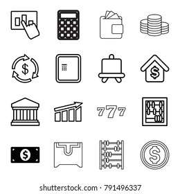 Finance icons. set of 16 editable outline finance icons such as money dollar, atm, board, money, abacus, chart, hand on graph, buying a house, court building, coin, 7 number