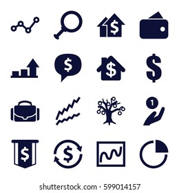 finance icons set. Set of 16 finance filled icons such as dollar, pie chart, camera case, graph, bank, wallet, coin on hand, chart, dollar sign in cloud, money tree