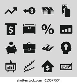 Finance icons set. set of 16 finance filled icons such as chest, buying a house, graph, chart, case, head with keyhole, percent, cash payment, coin, piggy bank, money, check