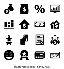 Finance icons set. set of 16 finance filled icons such as money, dollar smiley, chart, signed document, buying a house, money bag, medal, credit card, creadit card payment