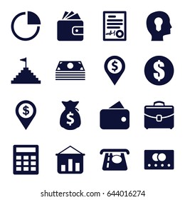 Finance icons set. set of 16 finance filled icons such as credit card, atm money withdraw, wallet, case, pie chart, signed document, pyramid flag, money sack