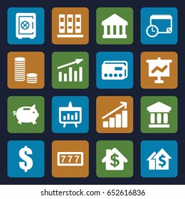 Finance icons set. set of 16 finance filled icons such as safe, 7 number, chart, graph, calendar with clock, bank, binder, dollar, money box, credit card, dolar growth
