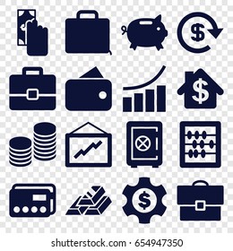 Finance icons set. set of 16 finance filled icons such as safe, abacus, graph, case, coin, dollar, gold bar, bank, dollar gear, wallet, money box, credit card