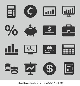 Finance icons set. set of 16 finance filled icons such as credit card, graph, safe, chart, piggy bank, calculator, dollar coin, calclator, case, percent, money, coin