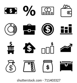 Finance icons set. set of 16 finance filled and outline icons such as chest, chart, case, dollar coin, bank, credit card, money sack, wallet, money, percent