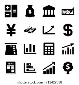 Finance icons set. set of 16 finance filled icons such as money sack, news, court building, dollar, graph, money tree, chart, calculator, check, yuan, credit card in atm