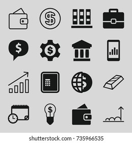 Finance icons set. set of 16 finance filled and outline icons such as atm, wallet, calendar with clock, case, dollar gear, bulb with dollar, graph, binder, graph on display