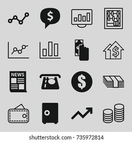 Finance icons set. set of 16 finance filled and outline icons such as atm money withdraw, graph, coin, money, cash payment, wallet, abacus, safe, dollar sign in cloud, news