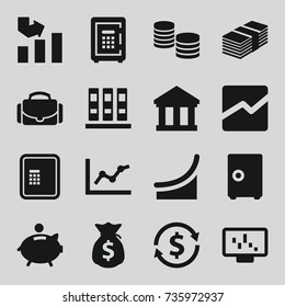 Finance icons set. set of 16 finance filled icons such as atm, graph, safe, line chart, camera case, piggy bank, money sack, chart, money, binder, bank, graph on display