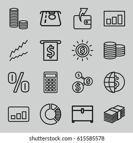 Finance icons set. set of 16 finance outline icons such as Coin, ATM money withdraw, Wallet, chest, calculator, graph, money, globe dollar, money in atm, dollar sign, coin