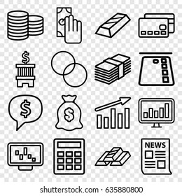 Finance icons set. set of 16 finance outline icons such as coin, money sack, circle intersection, chart, cash payment, gold bar, money, graph on display, credit card