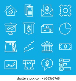 Finance icons set. set of 16 finance outline icons such as atm money withdraw, news, bank, pie chart, money, envelope with dollar bill, graph, dollar sign in cloud, check