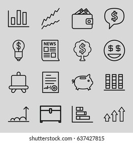 Finance icons set. set of 16 finance outline icons such as board, chest, signed document, graph, money tree, dollar smiley, money box, binder, wallet, bulb with dollar, chart