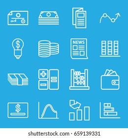 Finance icons set. set of 16 finance outline icons such as coin, wallet, graph, news, calculator, abacus, binder, bulb with dollar, money, dollar card