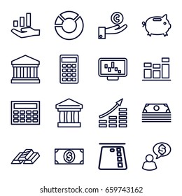 Finance icons set. set of 16 finance outline icons such as chart, calculator, court building, money dollar, graph on hand, money box, gold bar, graph on display, hand on coin